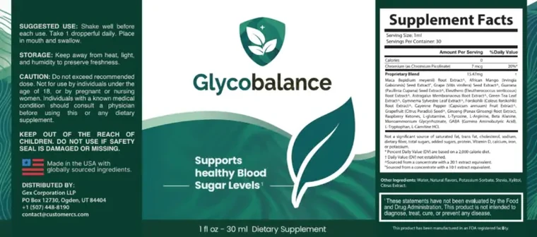 The Glycobalance carton showing suggested use, storage, caution and the supplement facts panel